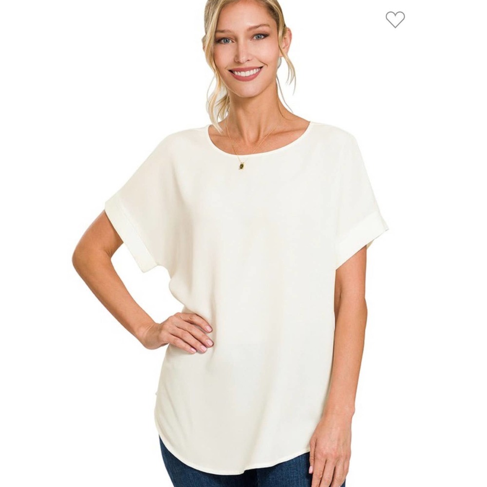 Zenana Outfitters Womens White Chiffon Cuff Sleeve Crew Neck Top  Medium